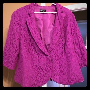 Fuchsia lace suit jacket.